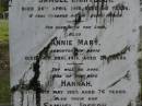 
Samuel LIGHTBODY,
died 20 April 1918 aged 68 years,
husband father;
Annie Mary,
daughter,
died 14 Dec 1913 aged 24 years;
Hannah,
wife,
died 4 May 1927 aged 76 years;
Samuel Joseph,
son,
died 10 Feb 1921 aged 33 years;
Pimpama Uniting cemetery, Gold Coast
