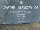 
Elsie Jemima RUFFLES,
died 12 Dec 1931 aged 62 years;
Pimpama Uniting cemetery, Gold Coast

