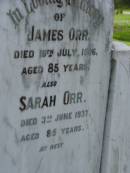 
James ORR,
died 19 July 1926 aged 85 years;
Sarah ORR,
died 3 June 1937 aged 85 years;
Pimpama Uniting cemetery, Gold Coast
