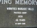 
Winnifred Margaret MILLS,
died 1928 aged 48 years;
Pimpama Uniting cemetery, Gold Coast
