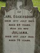 
Carl EGGERSDORF,
died 10 July 1925 aged 69 years;
Juliana,
died 19 July 1928 aged 70 years;
Pimpama Uniting cemetery, Gold Coast
