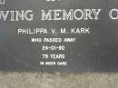 
Philippa V.M. KARK,
died 24-01-90 aged 79 years;
Pimpama Uniting cemetery, Gold Coast
