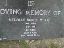 
Melville Robert WHYTE,
died 25-7-94 aged 44 years;
Pimpama Uniting cemetery, Gold Coast
