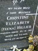 
Christine Elizabeth (Teena) HILLIER,
wife mother,
died 15-6-90 aged 40 years;
Pimpama Uniting cemetery, Gold Coast
