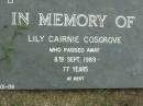 
Lily Cairnie COSGROVE,
died 8 Sept 1989 aged 77 years;
Pimpama Uniting cemetery, Gold Coast

