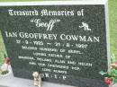 
Ian Geoffrey (Geoff) COWMAN,
27-9-1925 - 21-8-1997,
husband of Beryl,
father of Maureen, Roland, Alan & Helen,
pop;
Pimpama Uniting cemetery, Gold Coast
