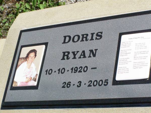 Doris RYAN,  | 10-10-1920 - 26-3-2005;  | Pine Mountain St Peter's Anglican cemetery, Ipswich  | 