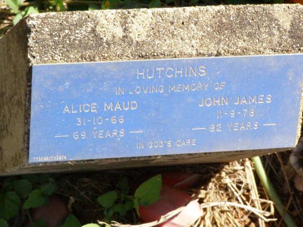 Alice Maud HUTCHINS,  | 31-10-66 aged 69 years;  | John James HUTCHINS,  | died 11-9-78 aged 82 years;  | Pine Mountain St Peter's Anglican cemetery, Ipswich  | 