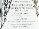 
Ann SHERLOCK,
died Pine Mountain 10 Sept 1903 aged 66 years;
John, husband,
died 9 Nov 1917 aged 84 years;
Ann, daughter,
died 18 March 1937 aged 59 years;
Arthur,
died 3 Sept 1938 aged 70 years;
Pine Mountain Catholic (St Michaels) cemetery, Ipswich
