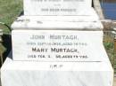 
James MURTAGH,
died 14 March 1908 aged 26 years;
Patrick, May & Peter,
infant children of John & Mary MURTAGH;
parents;
John MURTAGH,
died 10 Sept 1935 aged 79 years;
Mary MURTAGH,
died 3 Feb 1938 aged 79 years;
Matthew MURTAGH,
died 6 Sept 1880 aged 50 years,
native of County Clare Ireland;
Hanorah, wife,
died 16 Sept 1896 aged 65 years;
Michael MURTAGH,
killed in action Bullecourt France
11 April 1917 aged 28 years;
Matthew MURTAGH,
died 15? July 1962 aged 52 years;
John MURGAH,
served in Gallipoli & France;
Pine Mountain Catholic (St Michaels) cemetery, Ipswich
