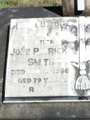 John Patrick SMITH, father, died 13 Jan 1966 aged 79 years; Nancy SMITH, mother, died 20 Jan 1958 aged 74 years; Pine Mountain Catholic (St Michael's) cemetery, Ipswich 
