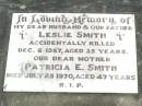 
Leslie SMITH, husband father,
accidentally killed 6 Dec 1957 aged 35 years;
Patricia E. SMITH, mother,
died 25 July 1970 aged 47 years;
Pine Mountain Catholic (St Michaels) cemetery, Ipswich
