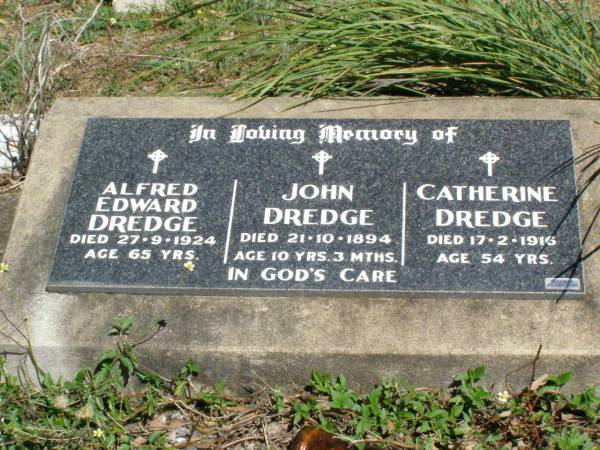 Alfred Edward DREDGE,  | died 27-9-1924 aged 65 years;  | John DREDGE,  | died 21-10-1894 aged 10 years 3 months;  | Catherine DREDGE,  | died 17-2-1916 aged 54 years;  | Pine Mountain Catholic (St Michael's) cemetery, Ipswich  | 