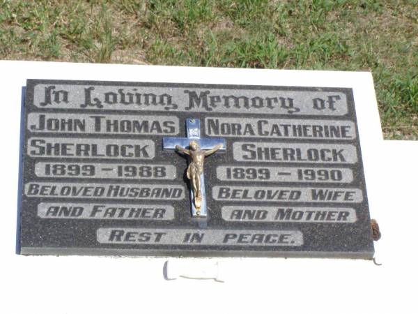 John Thomas SHERLOCK,  | 1899 - 1988,  | husband father;  | Nora Catherine SHERLOCK,  | 1899 - 1990,  | wife mother;  | Pine Mountain Catholic (St Michael's) cemetery, Ipswich  | 