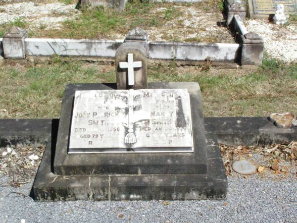 John Patrick SMITH, father,  | died 13 Jan 1966 aged 79 years;  | Nancy SMITH, mother,  | died 20 Jan 1958 aged 74 years;  | Pine Mountain Catholic (St Michael's) cemetery, Ipswich  | 