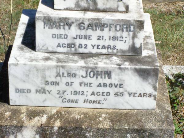 Mary SAMPFORD,  | died 21 June 1912 aged 82 years;  | John, son,  | died 27 May 1912 aged 55 years;  | Pine Mountain Catholic (St Michael's) cemetery, Ipswich  | 