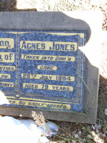 Agnes JONES,  | mother mother-in-law nanny great-nanny,  | died 26 July 1994 aged 79 year;  | Pine Mountain Catholic (St Michael's) cemetery, Ipswich  | 