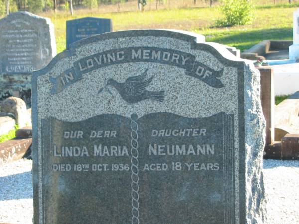 Linda Maria NEUMANN, daughter,  | died 18 Oct 1936 aged 18 years;  | Plainland Lutheran Cemetery, Laidley Shire  | 