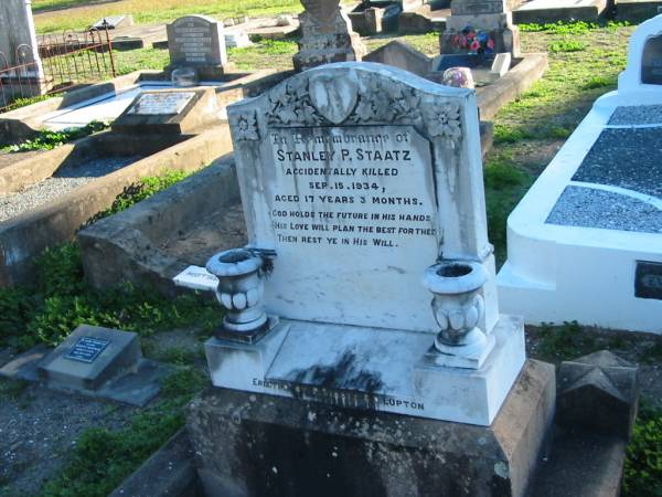 Stanley P. STAATZ,  | accidentally killed 15 Sept 1934,  | erected by P. STAATZ & D. LUPTON;  | Plainland Lutheran Cemetery, Laidley Shire  | 