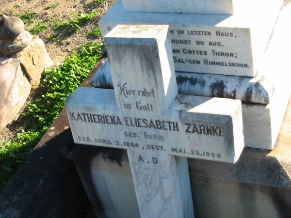 Katheriena Eliesabeth ZARNKE (nee FUNK),  | bofn 2 April 1864 died 23 May 1909;  | Plainland Lutheran Cemetery, Laidley Shire  | 