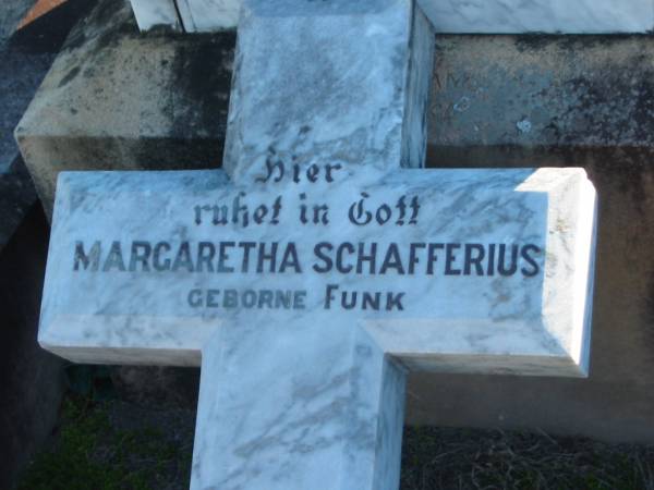 Margaretha SCHAFFERIUS (nee FUNK),  | born 3 Dec 1870 in Munchhausen, Germany,  | died 27 July 1908;  | Plainland Lutheran Cemetery, Laidley Shire  | 