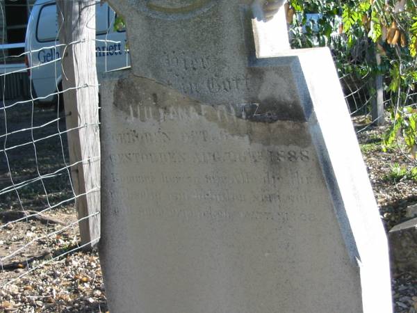 Juliana FRITZ,  | born 6 Oct ????  | died 26 Aug 1888;  | Plainland Lutheran Cemetery, Laidley Shire  | 