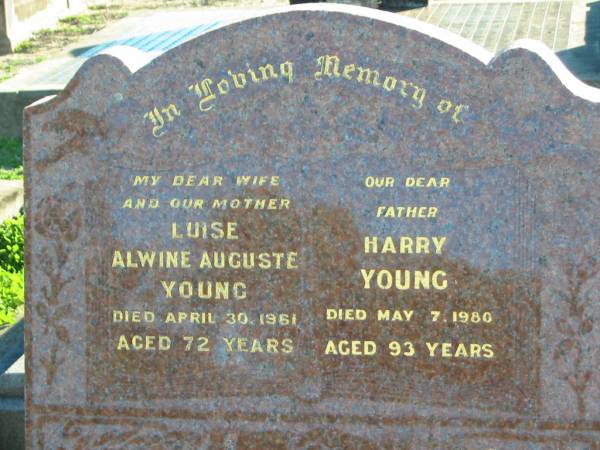 Luise Alwine Auguste YOUNG, wife mother,  | died 30 April 1961 aged 72 years;  | Harry YOUNG, father,  | died 7 May 1980 aged 93 years;  | Plainland Lutheran Cemetery, Laidley Shire  | 
