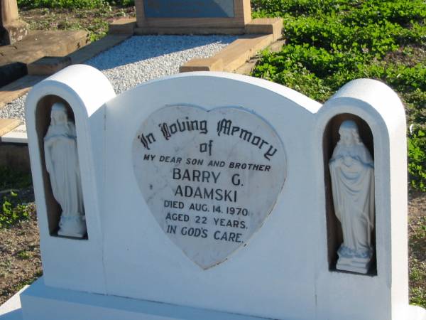 Barry G. ADAMSKI, son brother,  | died 14 Aug 1970 aged 22 years;  | Plainland Lutheran Cemetery, Laidley Shire  | 
