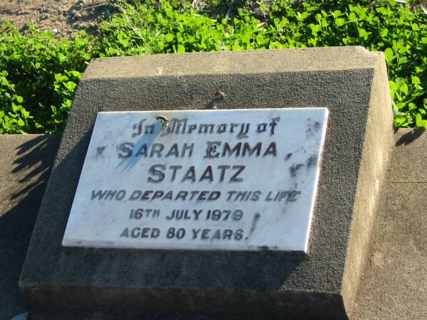 Sarah Emma STAATZ  | 16 Jul 1979, aged 80  | Plainland Lutheran Cemetery, Laidley Shire  | 