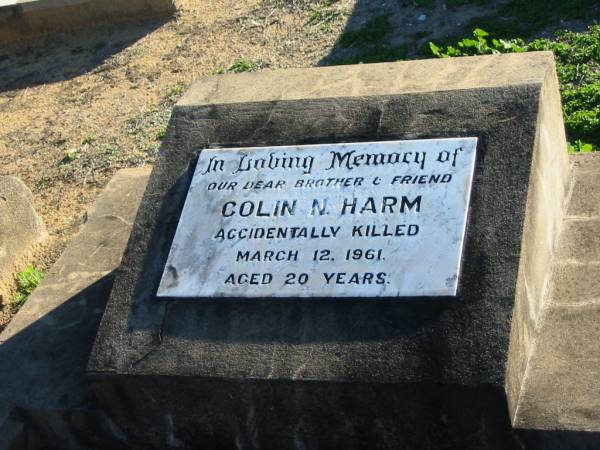 Colin N HARM  | 12 Mar 1961 aged 20  | Plainland Lutheran Cemetery, Laidley Shire  | 