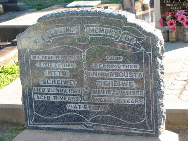 Otto SCHEIWE  | 2 Nov 1944, aged 71  | Anna Augusta SCHEIWE  | 12 Jul 1958, aged 78  | Plainland Lutheran Cemetery, Laidley Shire  | 