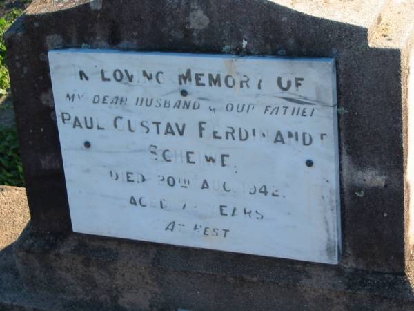 Paul Gustav Ferdinandt SCHIEWE  | 20 Aug 1942, aged 72  | Plainland Lutheran Cemetery, Laidley Shire  | 