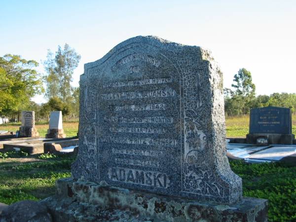 Helene W A ADAMSKI  | 31 Jul 1942, aged 61 yrs, 3 months  | Frederick Fritz ADAMSKI  | 6 Jul 1962, aged 81  | Plainland Lutheran Cemetery, Laidley Shire  | 