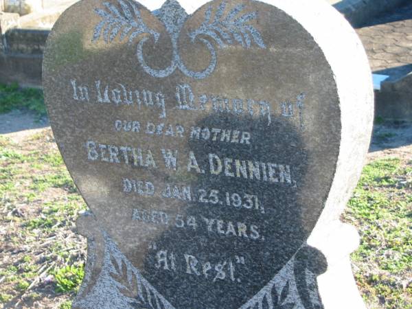 Bertha W A DENNIEN  | 25 Jan 1931, aged 54  | Mabel Martha LEONARD  | b: 19 Jan 1906, d: 24 Jan 2001  | Plainland Lutheran Cemetery, Laidley Shire  | 