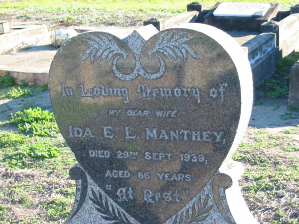 Ida E L MANTHEY  | 29 Sep 1939, aged 66  | Plainland Lutheran Cemetery, Laidley Shire  | 