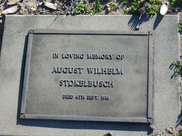 August Wilhelm STOKELBUSCH,  | died 4 Sept 1918;  | Plainland Lutheran Cemetery, Laidley Shire  | 