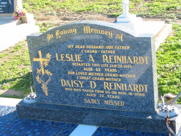 Leslie A. REINHARDT,  | husband father grandfather,  | died 28 Jan 1979 aged 65 years;  | Daisy D. REINHARDT,  | mother grandmother great-grandmother,  | died 18 Nov 1989 aged 72 years;  | Plainland Lutheran Cemetery, Laidley Shire  |   | 