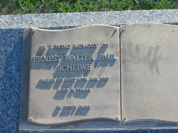 Ernest Walter Paul SCHEIWE,  | died 16 Jan 1987 aged 71 years;  | Plainland Lutheran Cemetery, Laidley Shire  | 