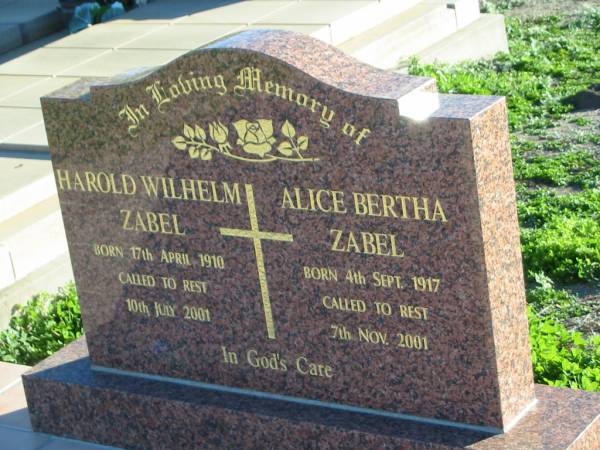 Harold Wilhelm ZABEL,  | born 17 April 1910 died 10 July 2001;  | Alice Bertha ZABEL,  | born 4 Sept 1917 died 7 Nov 2001;  | Plainland Lutheran Cemetery, Laidley Shire  | 