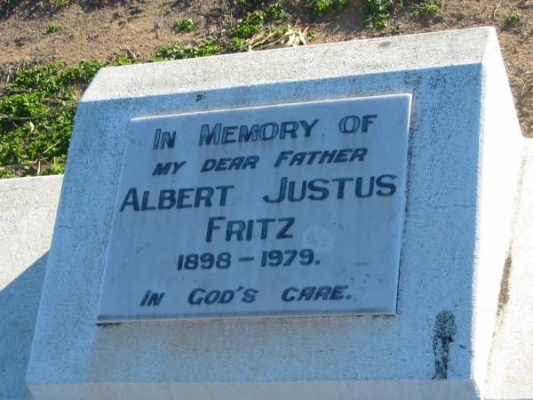 Albert Justus FRITZ, father,  | 1898 - 1979,  | erected by Ivor & family;  | Plainland Lutheran Cemetery, Laidley Shire  | 