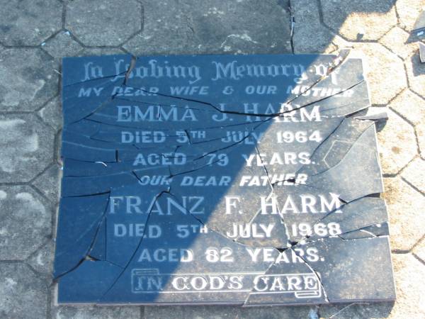 Emma J HARM  | d: 5 Jul 1964, aged 79  | Franz F HARM  | d: 5 Jul 1968, aged 82  | Plainland Lutheran Cemetery, Laidley Shire  | 