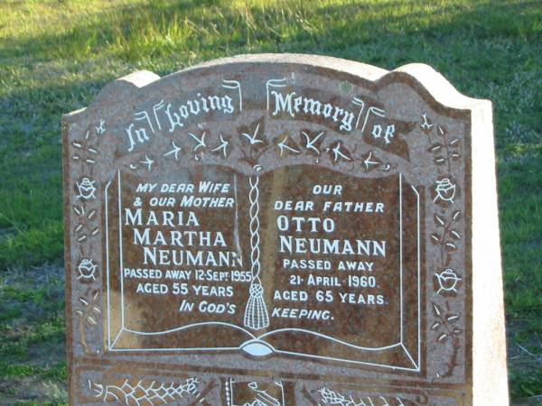 Maria Martha NEUMANN  | 12 Sep 1955, aged 55  | Otto NEUMANN  | 21 Apr 1960, aged 65  | Plainland Lutheran Cemetery, Laidley Shire  | 