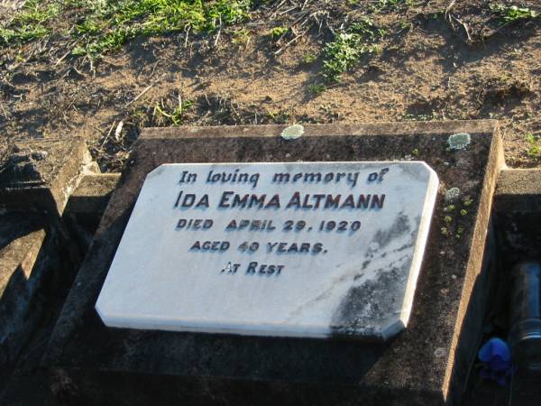 Ida Emma ALTMANN  | 29 Apr 1920, aged 40  | Plainland Lutheran Cemetery, Laidley Shire  | 