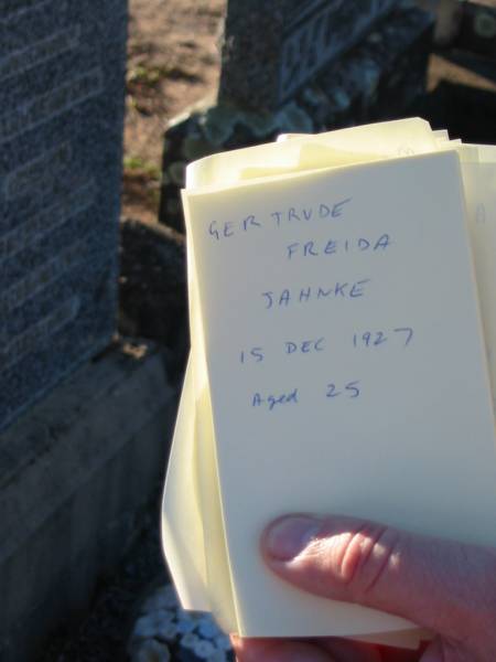 Gertrude Freida JAHNKE  | 15 Dec 1927, aged 25  | Plainland Lutheran Cemetery, Laidley Shire  | 