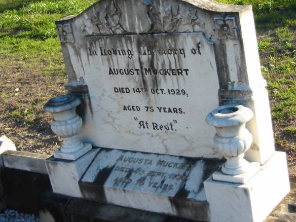 August MUCKERT  | 14 Oct 1929, aged 75  | Augusta MUCKERT  | 4 Sep 1939, aged 78  | Plainland Lutheran Cemetery, Laidley Shire  | 