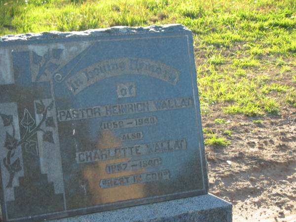 Pastor Heinrich WALLAT  | 1850 - 1940  | Charlotte WALLAT  | 1857 - 1940  | Plainland Lutheran Cemetery, Laidley Shire  | 