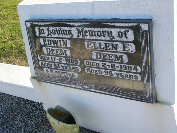 Edwin DEEM,  | died 17-2-1990 aged 93 years 8 months;  | Ellen E. DEEM,  | died 2-11-1984 aged 96 years;  | Polson Cemetery, Hervey Bay  | 