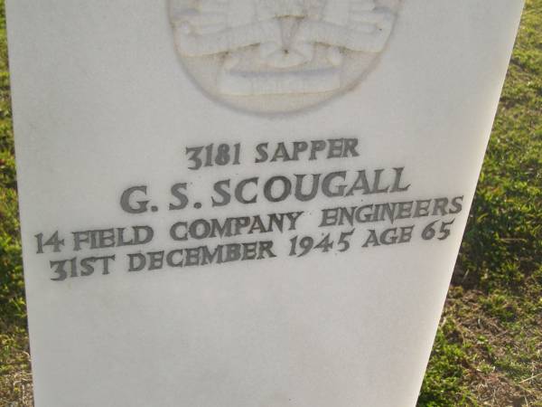 G.S. SCOUGALL,  | died 31 Dec 1945 aged 65 years;  | Polson Cemetery, Hervey Bay  | 