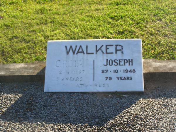 Greta WALKER,  | died 2-4-1967 aged 79 years;  | Joseph WALKER,  | died 27-10-1948 aged 79 years;  | Polson Cemetery, Hervey Bay  | 