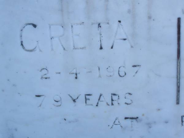 Greta WALKER,  | died 2-4-1967 aged 79 years;  | Joseph WALKER,  | died 27-10-1948 aged 79 years;  | Polson Cemetery, Hervey Bay  | 